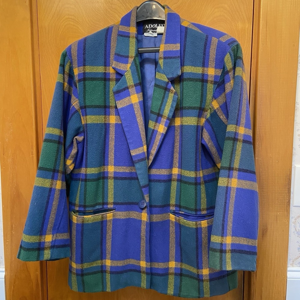 ADOLFO VINTAGE PLAID TARTAN WOOL BLEND SINGLE BUTTON BLAZER JACKET Medium 💙💛